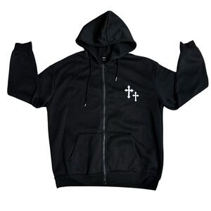 Shein black zip up hoodie with drawstring, front pockets, double cross logo, L.